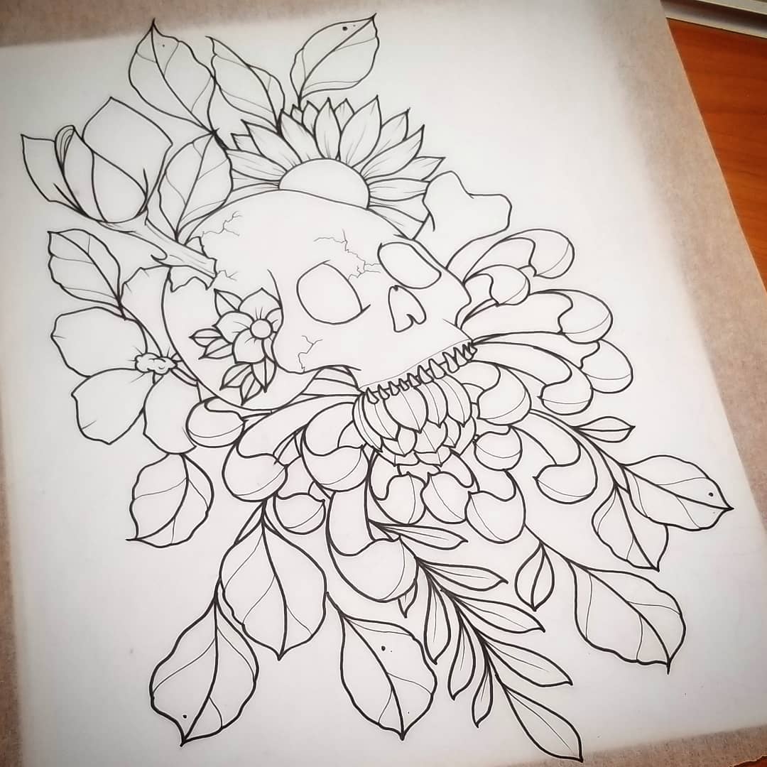 做数控工程师的越先生骷髅彼岸花纹身手稿